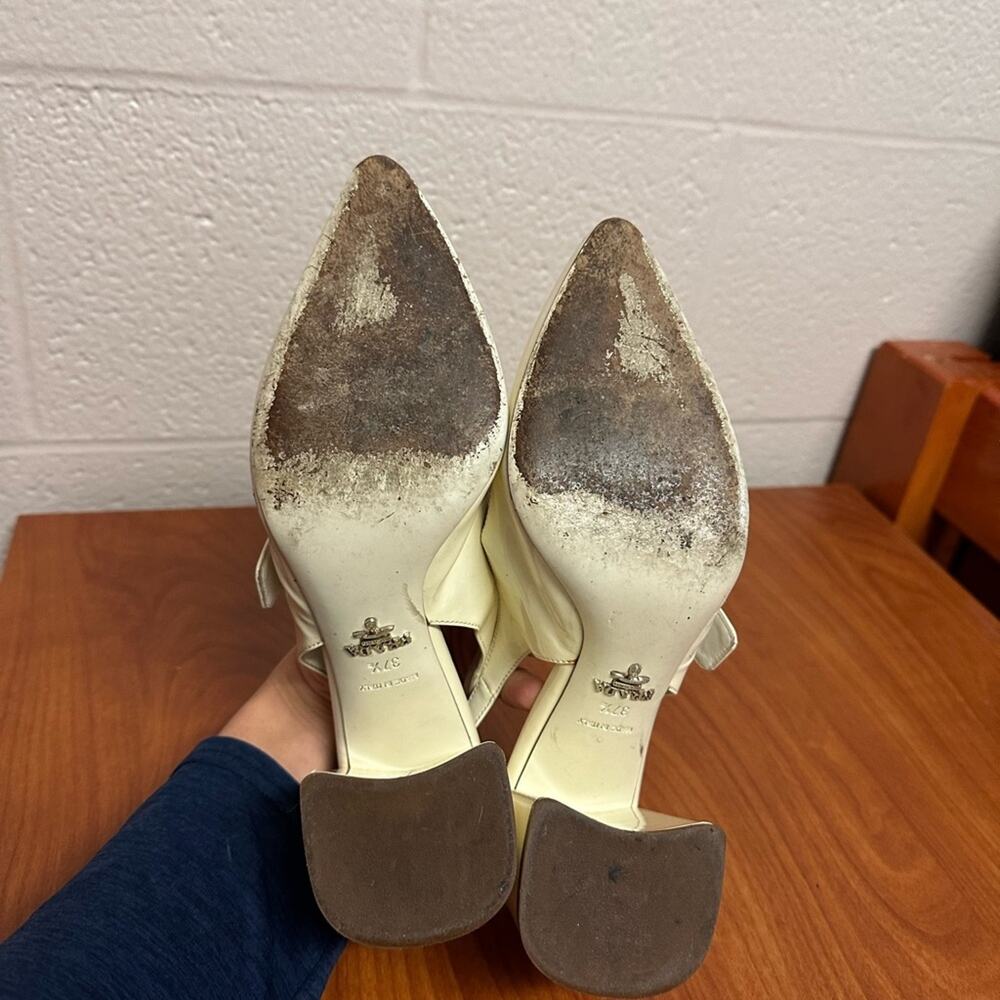 Prada Off White Patent Leather Mary Jane Slingback Block Heel Pumps Size 37.5 - Picture 14 of 16